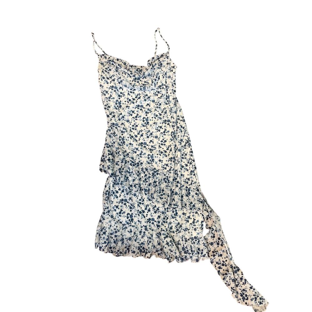 Blue floral sun dress with layered ruffles.